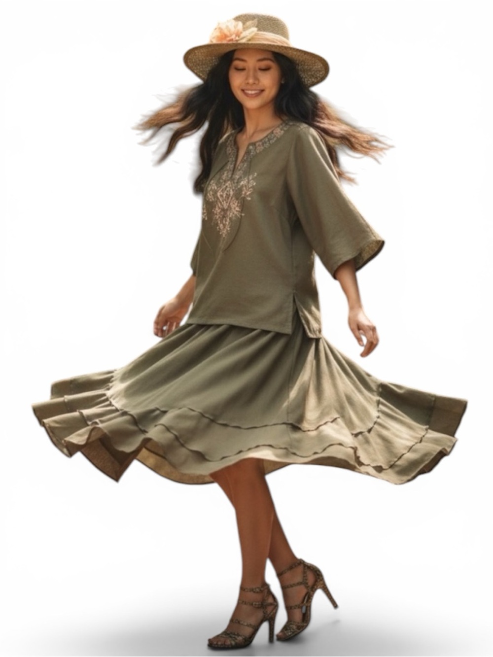 JUDITH HART Boho Midi Skirt & Top Set 6P 8P Olive Coral Sequined Bell Sleeve